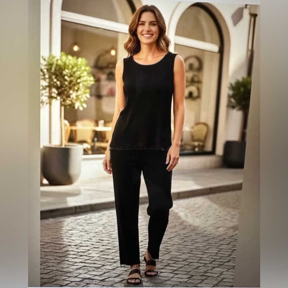 Ronni Nicole Sleeveless Black Colorful Beaded Trim Knit 2-Piece Pants Set M NWOT